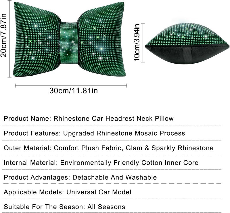 surpassme 2PCS Rhinestone Car Headrest Neck Pillow for Driving with Bling Bling Crystal Bow Pillow Car Accessories for Women (Green) - Image 5